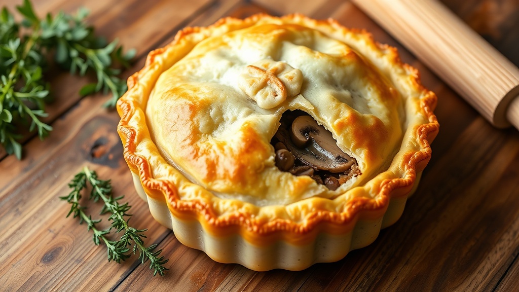 Savory Pork and Mushroom Pie Recipe Golden brown Pork and Mushroom Pie with flaky pastry, filled with pork and mushrooms, on a rustic wooden table.